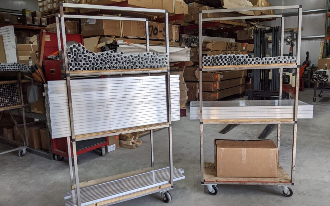 Custom-made EZTube carts with heavy-duty industrial wheels to organize tubes of various lengths